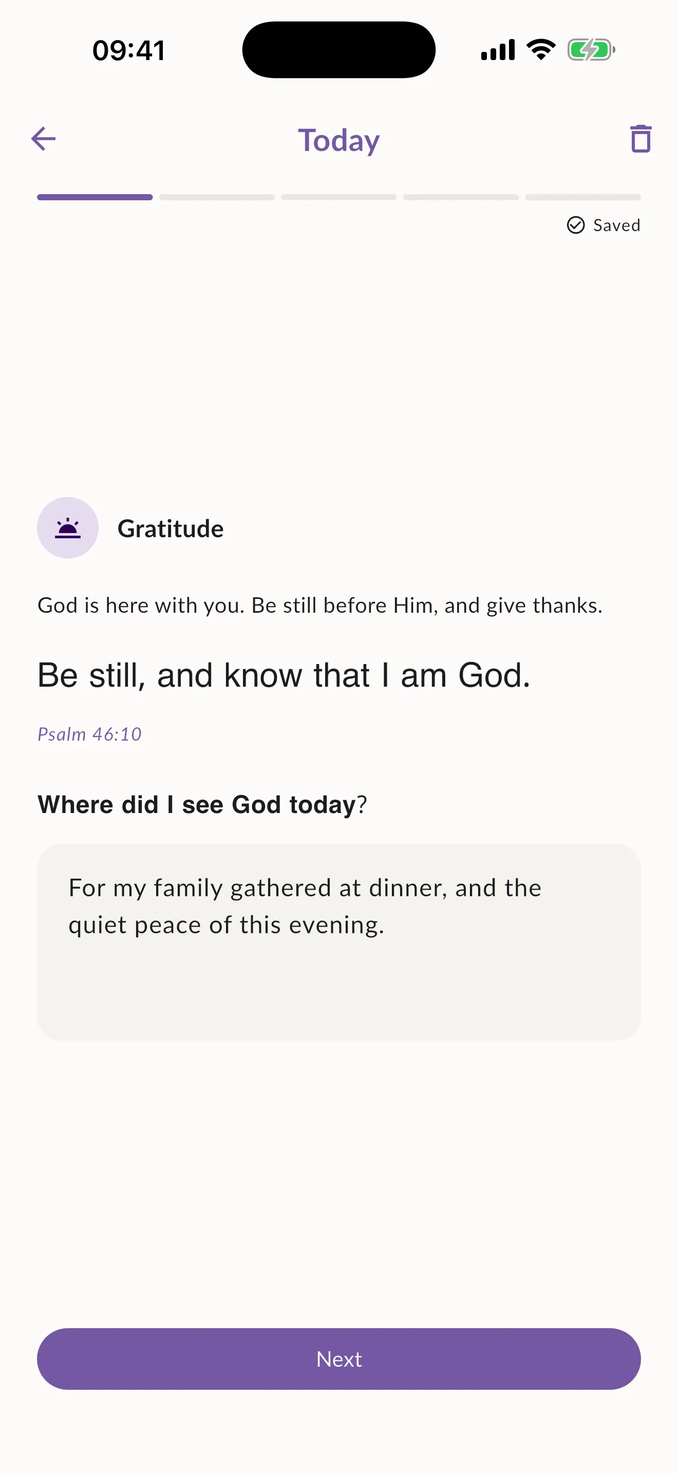 Daily Examen gratitude reflection with Scripture and a private writing area