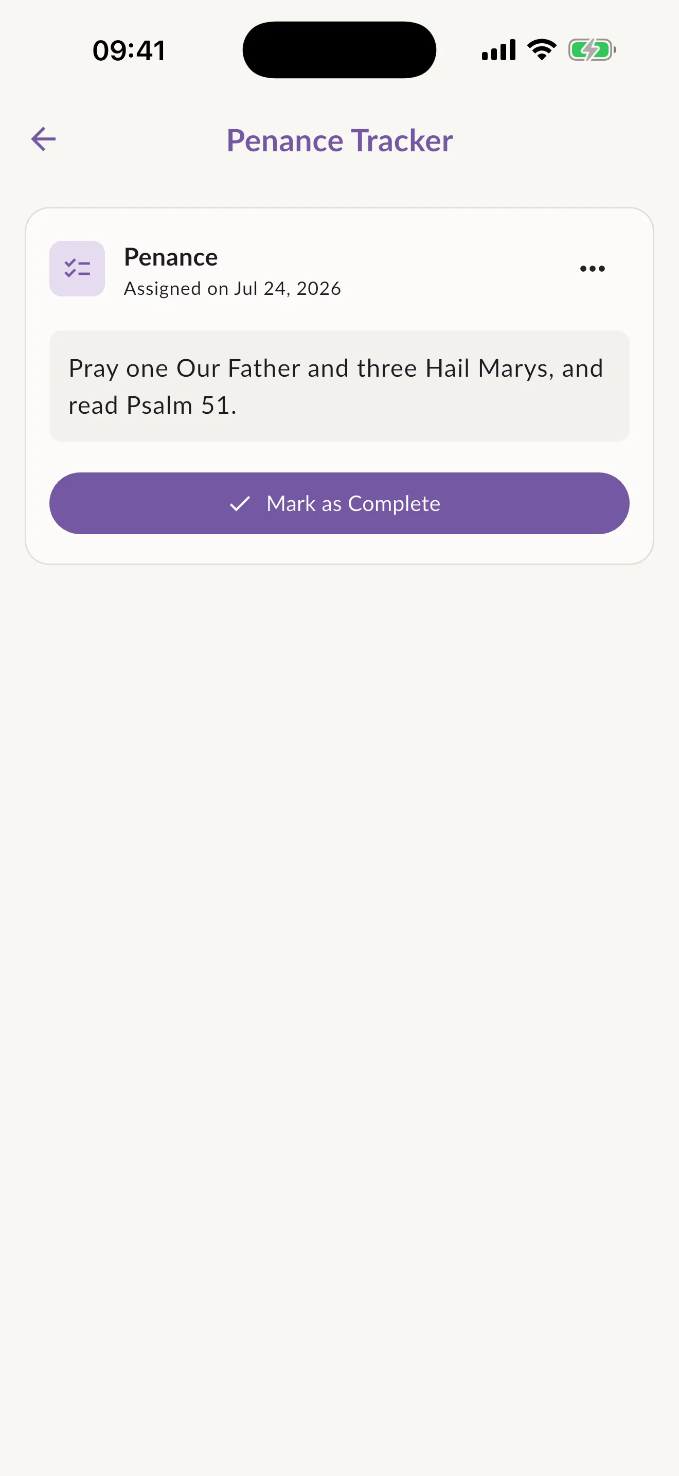 A sample penance of an Our Father, three Hail Marys and Psalm 51 with a Mark as Complete button