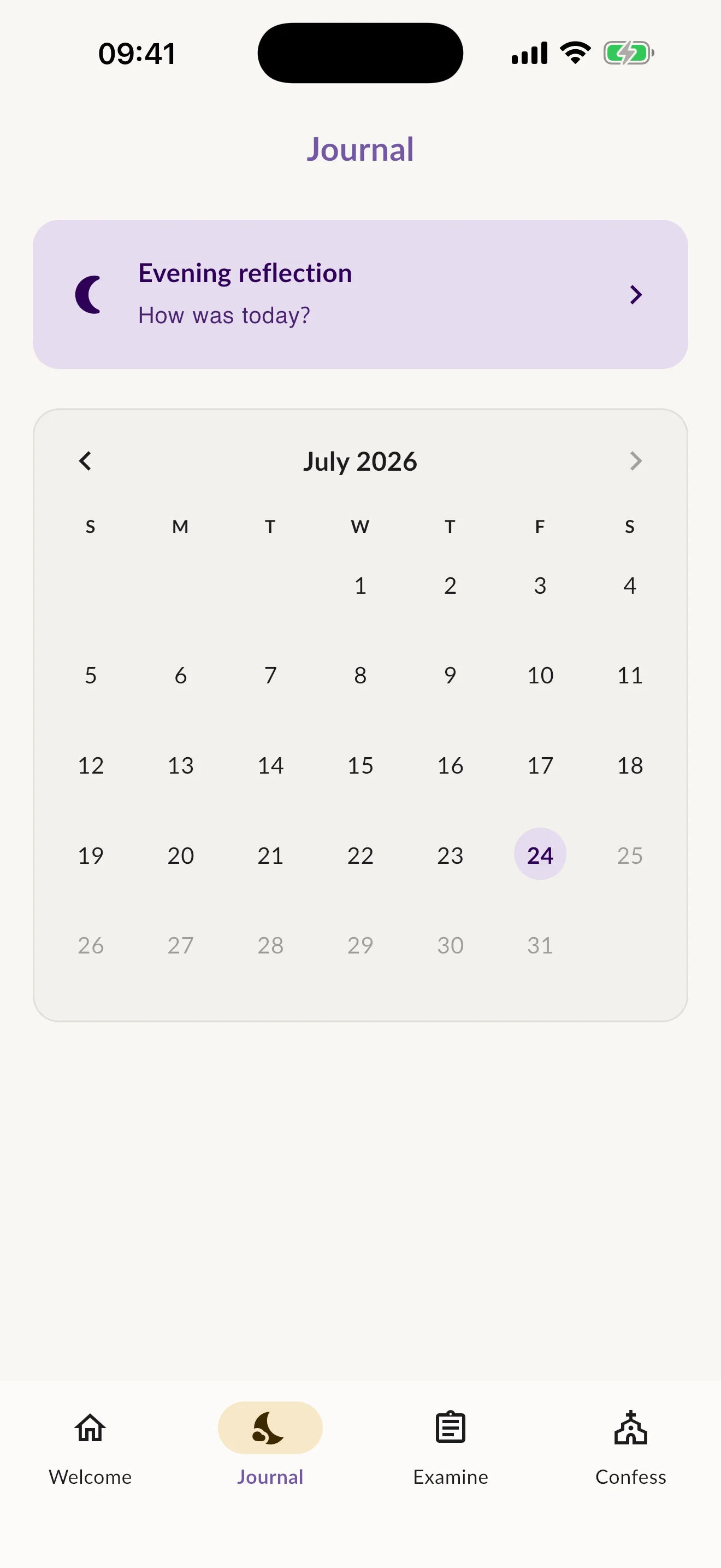The journal calendar with an evening reflection and a selected day